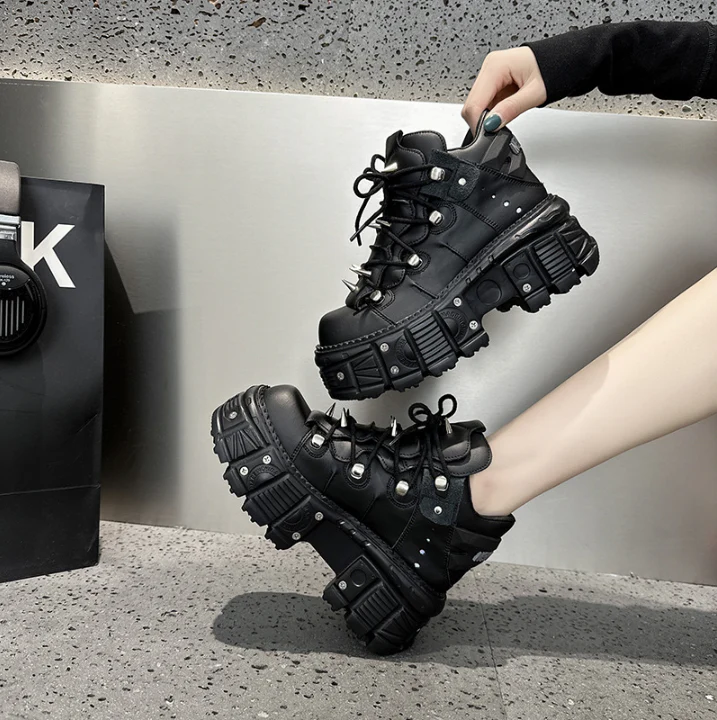 Heidi-Mode | Fashion Frauen Ankle Boots Damen Dünne Absätze Runde Spitze Schnürsenkel Metall Dekoration Sneakers Fräulein Nieten Punk Gothic Rock Schuhe - Image 10