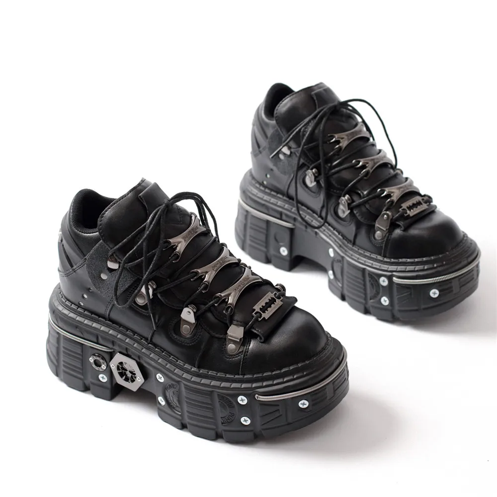 Heidi-Mode | Fashion Frauen Ankle Boots Damen Dünne Absätze Runde Spitze Schnürsenkel Metall Dekoration Sneakers Fräulein Nieten Punk Gothic Rock Schuhe - Image 3