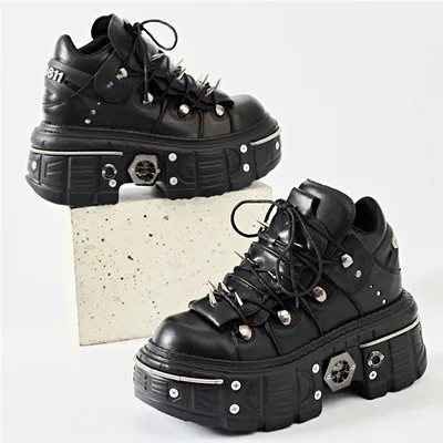 Heidi-Mode | Fashion Frauen Ankle Boots Damen Dünne Absätze Runde Spitze Schnürsenkel Metall Dekoration Sneakers Fräulein Nieten Punk Gothic Rock Schuhe - Image 6