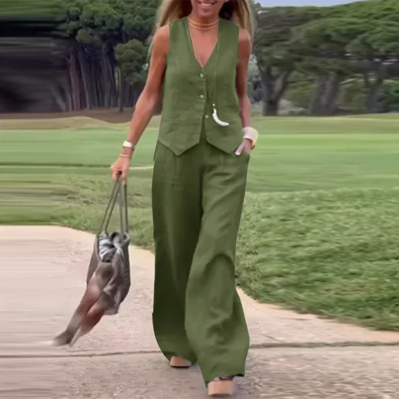 Heidi-Mode | Modern Set Eleganter Ärmelloser V-Ausschnitt-Top und Weit Geschnittene Hosen Damenanzug - Image 4