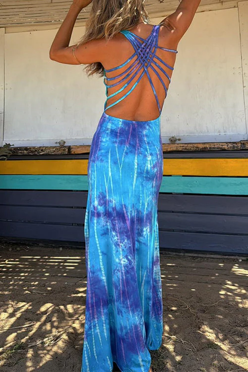 Heidi-Mode | Scoop Neck Rückenfreies Criss Cross Tie Dye Maxikleid - Image 5