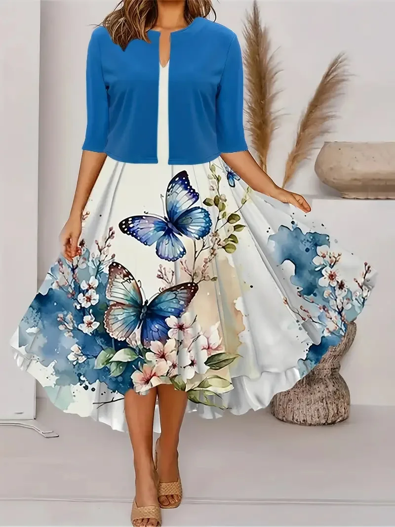 Heidi-Mode | Neu für Den Sommer! Eu Us Herbst Frau 2 Lang Kleid Set Blumen und Graspunkt Crew Neck Kleid mit Chiffon Kurzjacke - Image 5