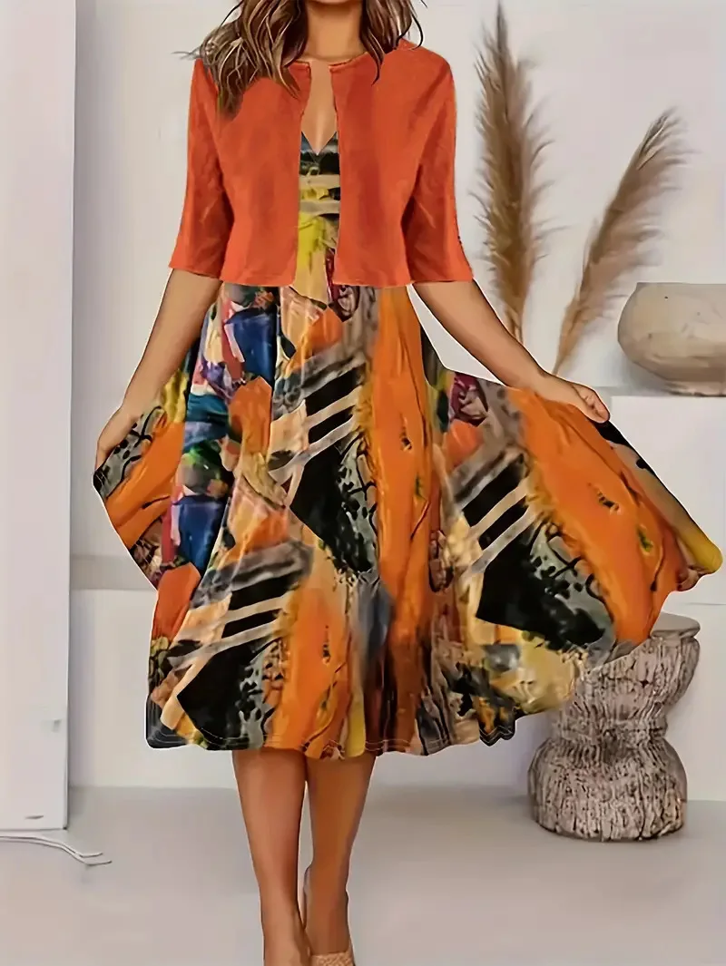 Heidi-Mode | Neu für Den Sommer! Eu Us Herbst Frau 2 Lang Kleid Set Blumen und Graspunkt Crew Neck Kleid mit Chiffon Kurzjacke - Image 7
