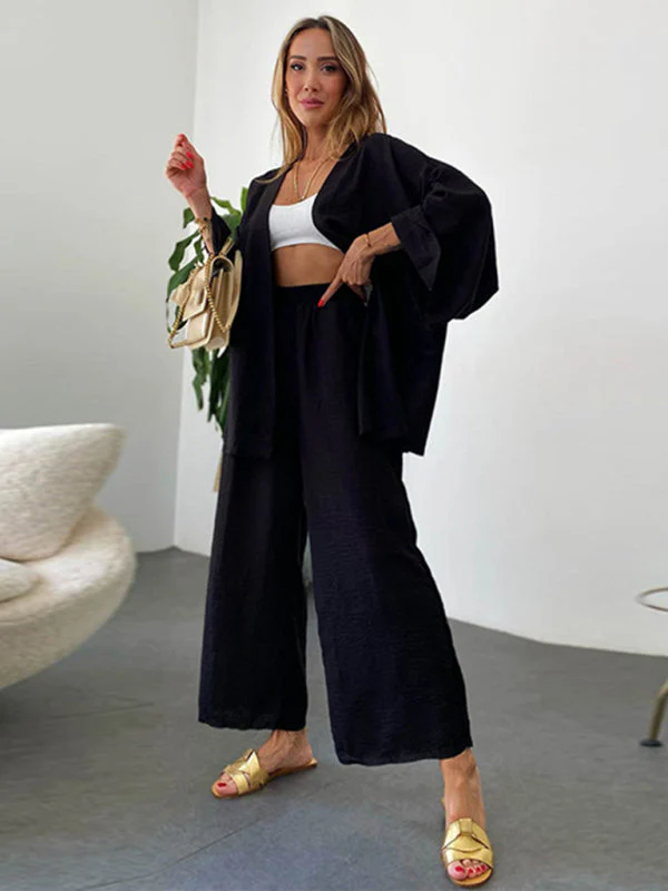 Heidi-Mode | Neue Baumwoll und Leinenanzug Strickjacke Langärmliges Oberteil Tasche Weit Geschnittene Hose Zweiteiler Satz