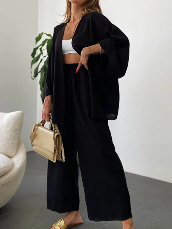 Heidi-Mode | Neue Baumwoll und Leinenanzug Strickjacke Langärmliges Oberteil Tasche Weit Geschnittene Hose Zweiteiler Satz - Image 5