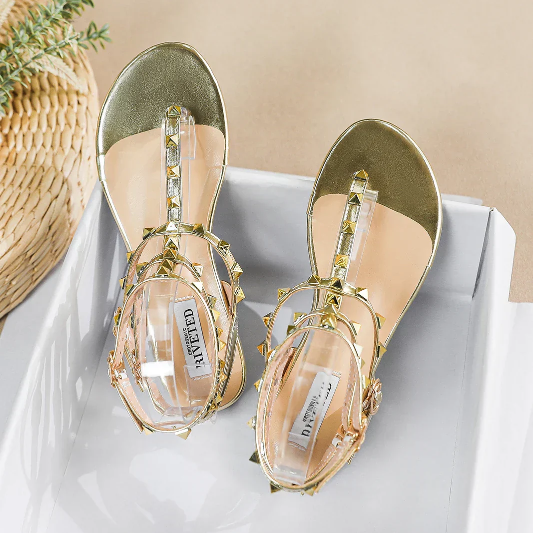 Heidi-Mode | Neue Sommer Outdoor Damen Flache Sandalen Britischer Stil Damen Lässig Römische Flache Stilvolle Niet Design Arbeit und Fest - Image 4