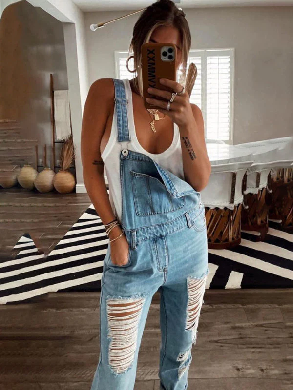 Heidi-Mode | Neuer Stil Lässiger Pendler Zerrissener Mid Waist Denim Overall