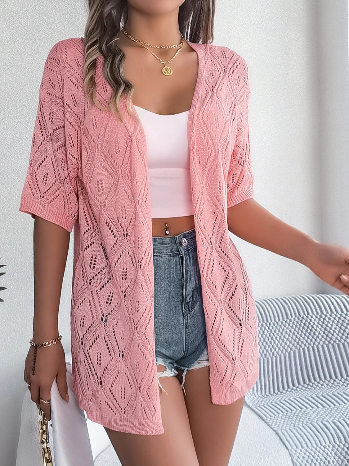 Heidi-Mode | Durchbrochene Offene Front Halbarm-Cardigan - Image 10