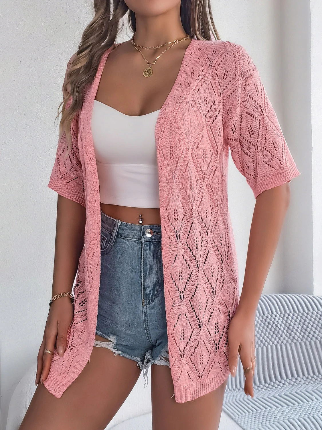 Heidi-Mode | Durchbrochene Offene Front Halbarm-Cardigan - Image 11
