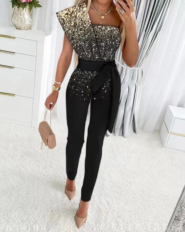 Heidi-Mode | One Shoulder Jumpsuit mit Pailletten und Taillenband - Image 5