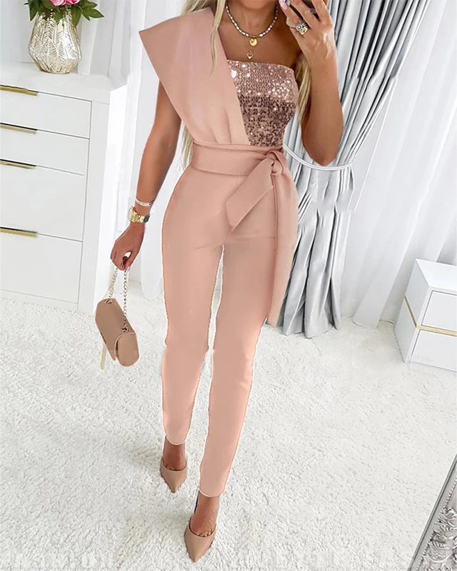 Heidi-Mode | One Shoulder Jumpsuit mit Pailletten und Taillenband - Image 6