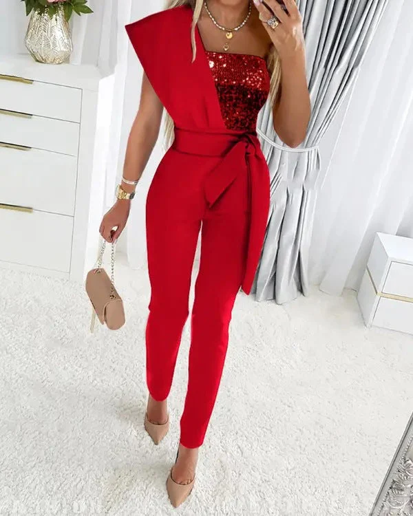 Heidi-Mode | One Shoulder Jumpsuit mit Pailletten und Taillenband - Image 8