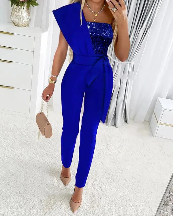 Heidi-Mode | One Shoulder Jumpsuit mit Pailletten und Taillenband - Image 9
