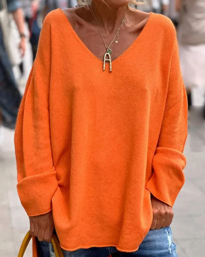 Heidi-Mode | Oversize Orangefarbener V Ausschnitt Pullover - Image 4