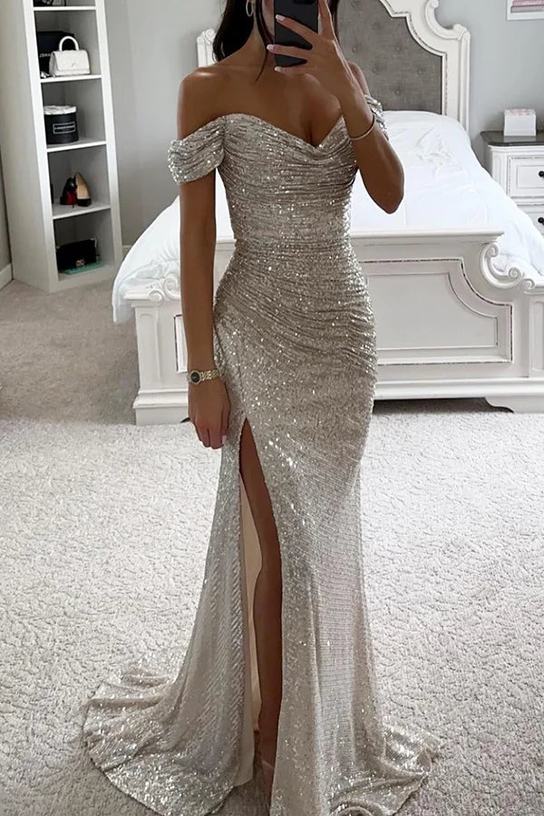 Heidi-Mode | Pailletten Off-Shoulder Raffung Schlitz Abend Maxi Kleid - Image 3