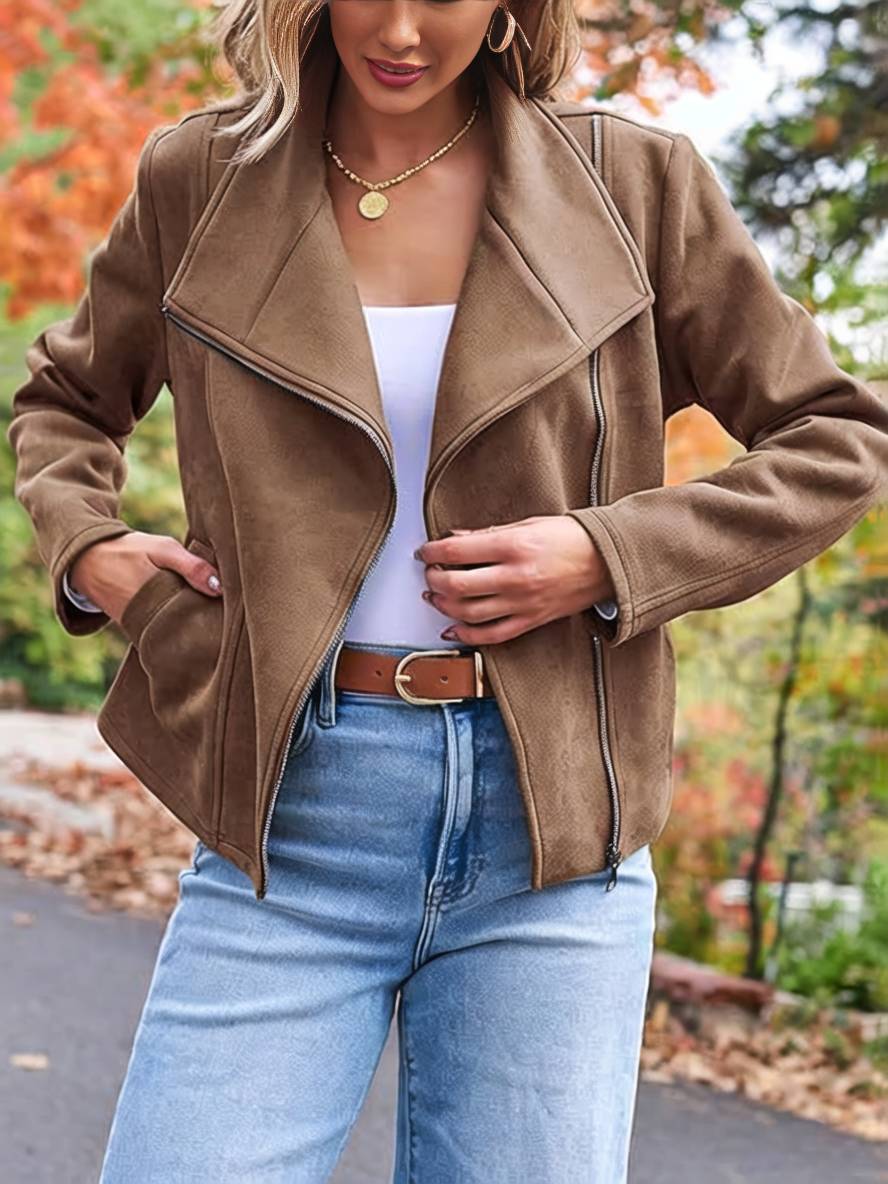 Heidi-Mode | Perfekte Wildlederjacke Aus Suedine mit Reißverschlusstaschen Reverskragen Lange Ärmel Damen Lässige Mode - Image 11