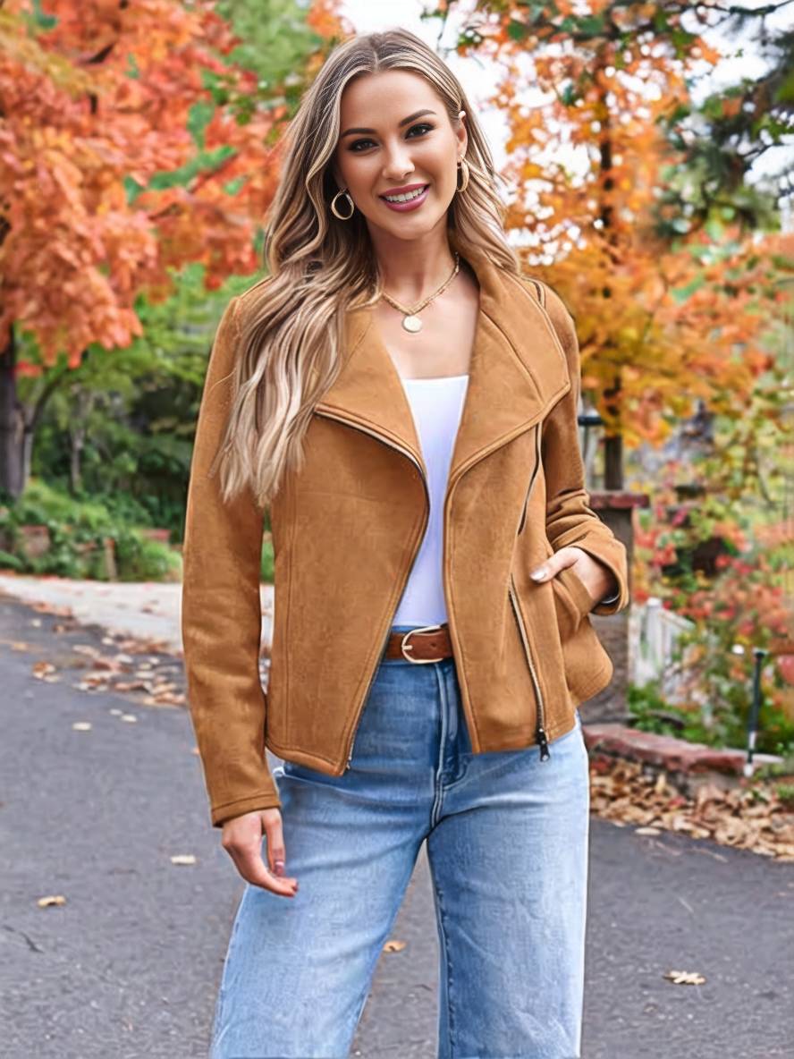 Heidi-Mode | Perfekte Wildlederjacke Aus Suedine mit Reißverschlusstaschen Reverskragen Lange Ärmel Damen Lässige Mode - Image 15