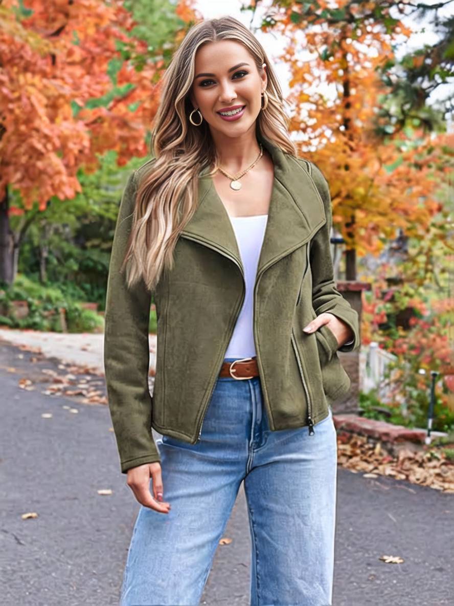 Heidi-Mode | Perfekte Wildlederjacke Aus Suedine mit Reißverschlusstaschen Reverskragen Lange Ärmel Damen Lässige Mode - Image 19