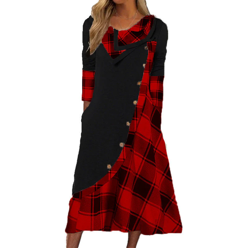 Heidi-Mode | Plaid Gespalten Knopf Tasche Gestapelte Kragen Langarmkleid - Image 3