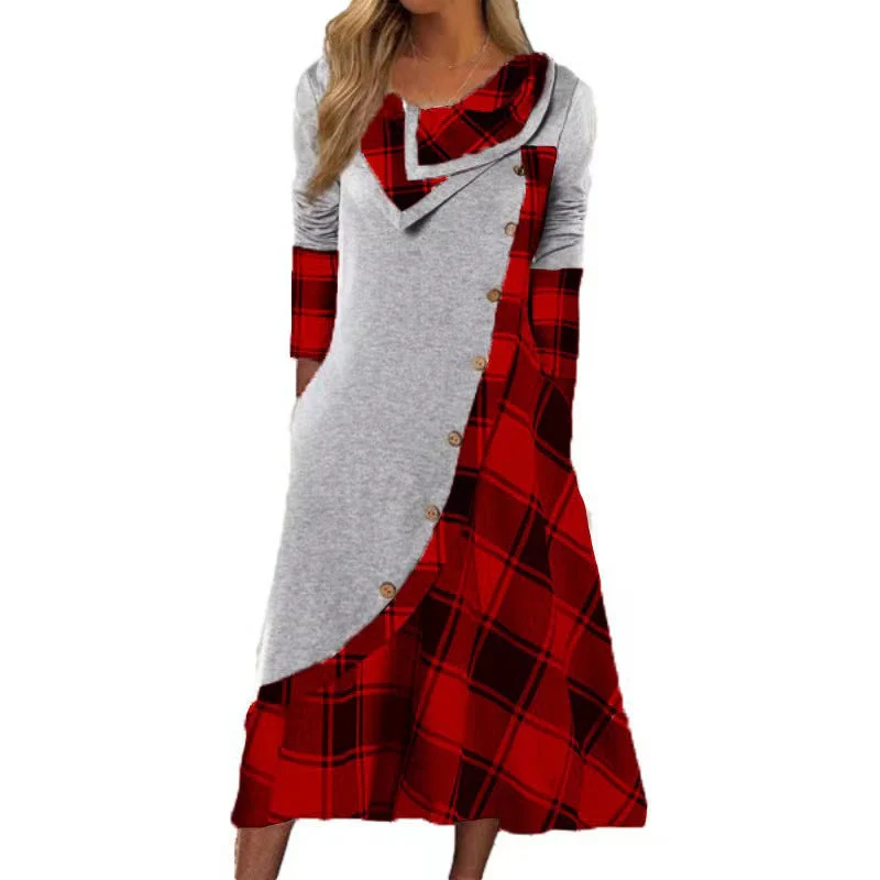 Heidi-Mode | Plaid Gespalten Knopf Tasche Gestapelte Kragen Langarmkleid - Image 4