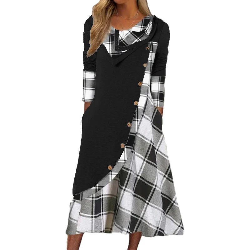 Heidi-Mode | Plaid Gespalten Knopf Tasche Gestapelte Kragen Langarmkleid - Image 7