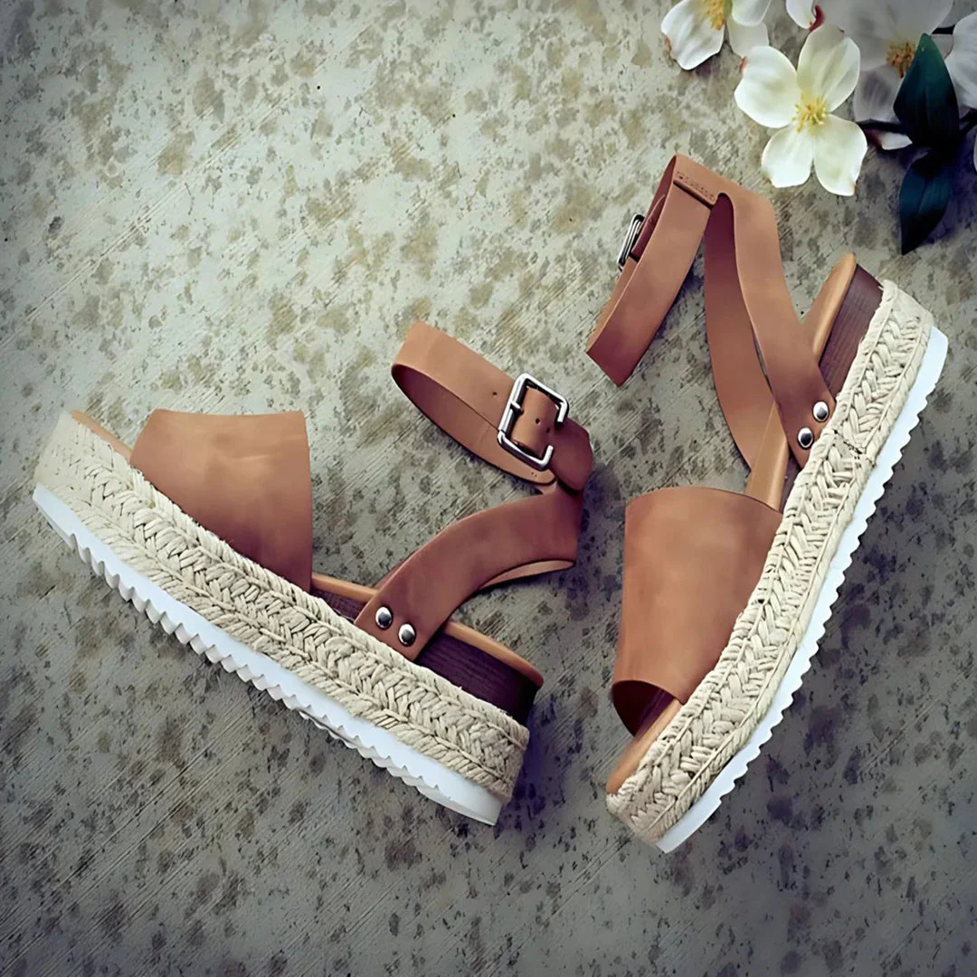Heidi-Mode | Plattform Sandalen Espadrille-Sohle Verstellbarer Knöchelriemen Zehenriemen
