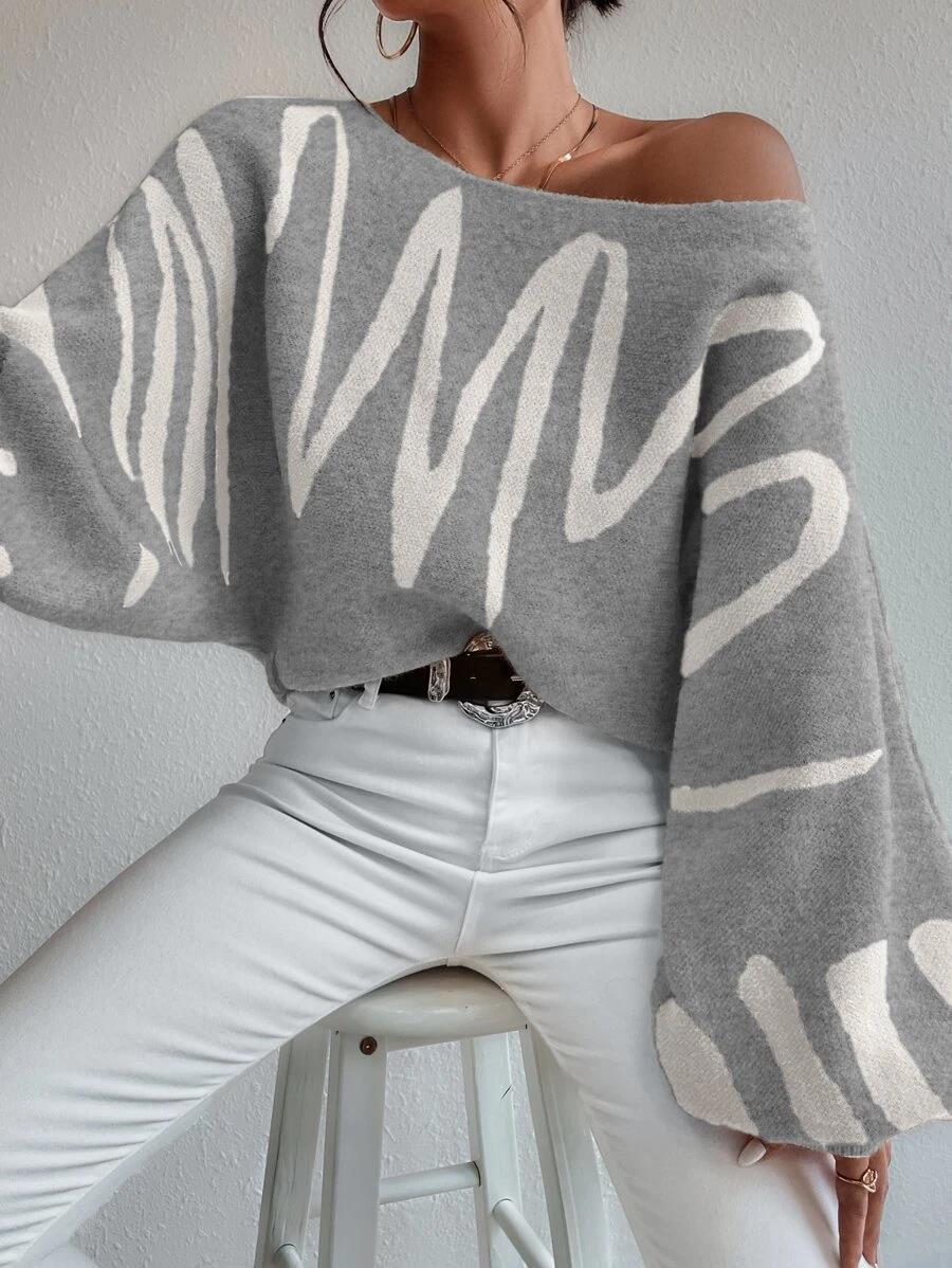 Heidi-Mode | Pullover Hellgrauer Schulterfreier Oversized-Pullover mit Puffärmeln - Image 2