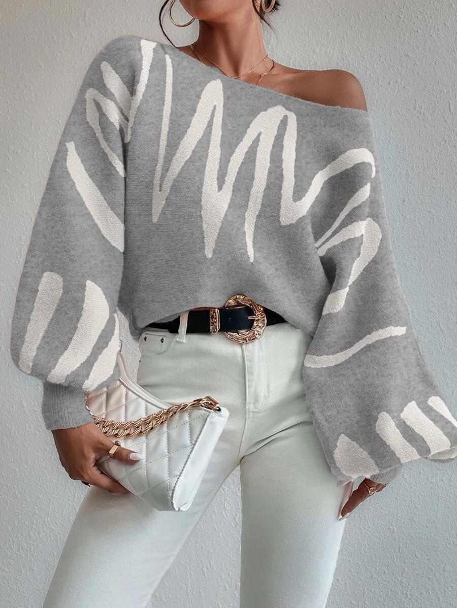 Heidi-Mode | Pullover Hellgrauer Schulterfreier Oversized-Pullover mit Puffärmeln - Image 4