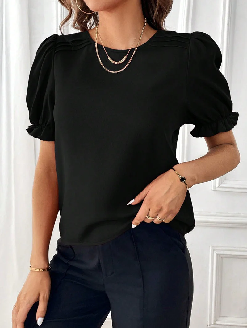 Heidi-Mode | Pure-Color-Rundhals-Shirt-Top mit Temperament - Image 2