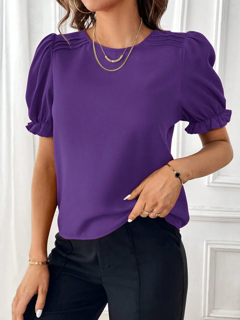 Heidi-Mode | Pure-Color-Rundhals-Shirt-Top mit Temperament - Image 9