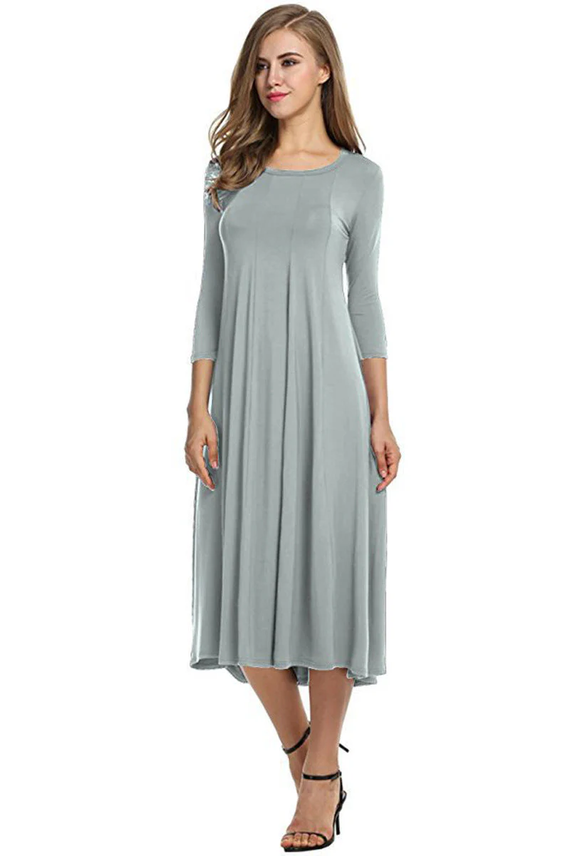 Heidi-Mode | Quadrat-Ausschnitt 3/4-Lange Uni-Farbe Midi-Kleid - Image 10