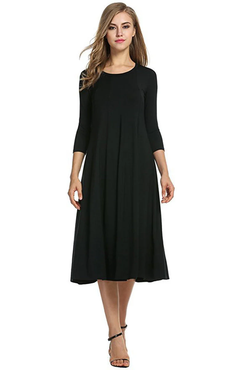 Heidi-Mode | Quadrat-Ausschnitt 3/4-Lange Uni-Farbe Midi-Kleid - Image 13