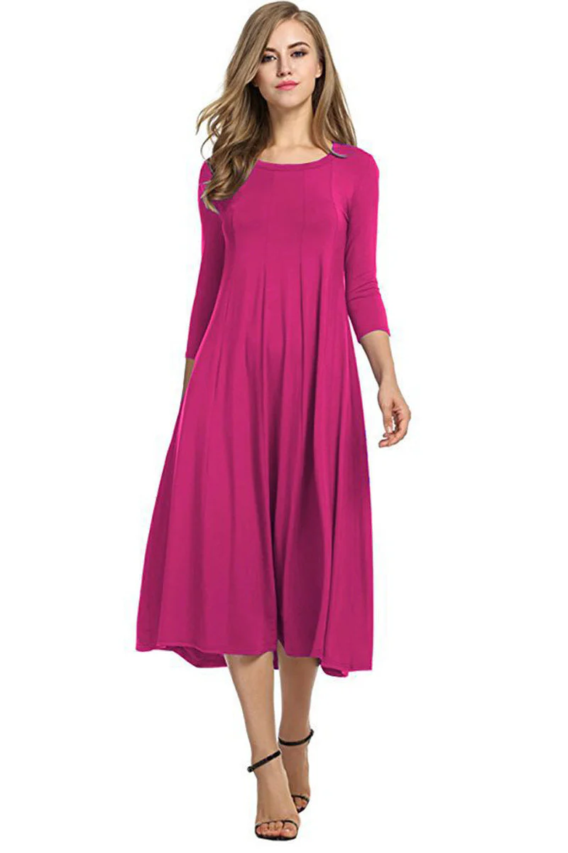 Heidi-Mode | Quadrat-Ausschnitt 3/4-Lange Uni-Farbe Midi-Kleid - Image 16