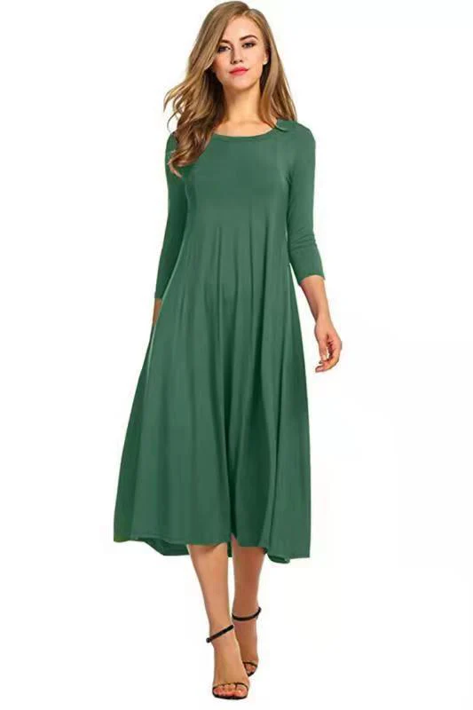Heidi-Mode | Quadrat-Ausschnitt 3/4-Lange Uni-Farbe Midi-Kleid - Image 17