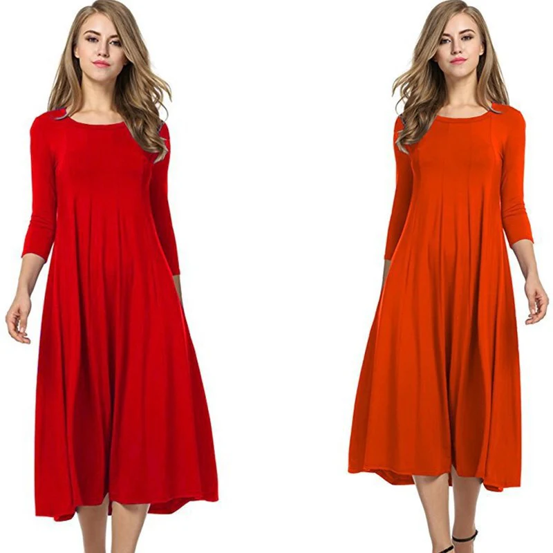 Heidi-Mode | Quadrat-Ausschnitt 3/4-Lange Uni-Farbe Midi-Kleid - Image 2
