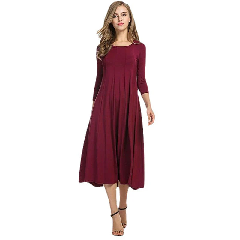 Heidi-Mode | Quadrat-Ausschnitt 3/4-Lange Uni-Farbe Midi-Kleid - Image 4