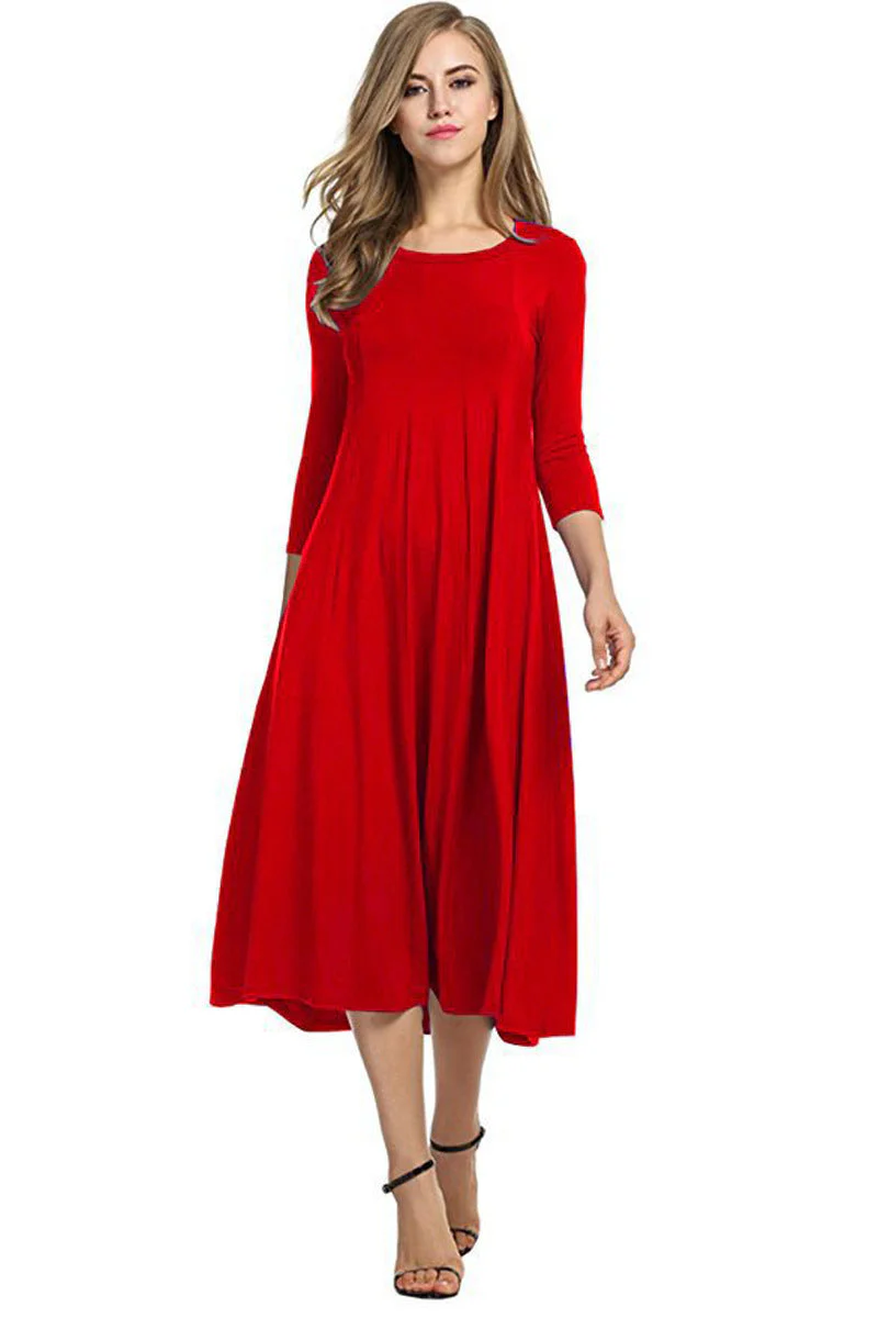 Heidi-Mode | Quadrat-Ausschnitt 3/4-Lange Uni-Farbe Midi-Kleid - Image 7