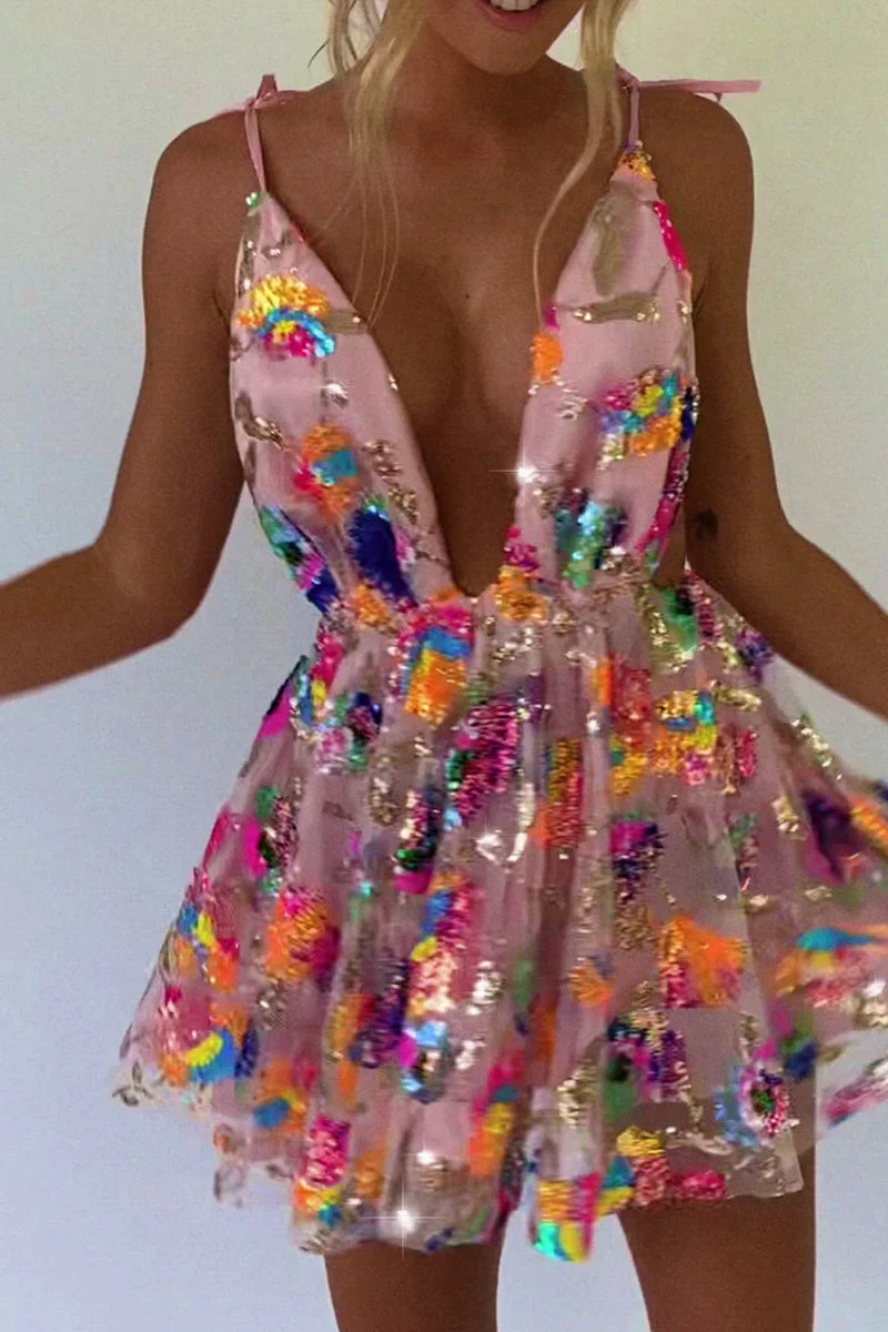 Heidi-Mode | Regenbogen Pailletten Offene Rücken Slip Mini Kleid - Image 2