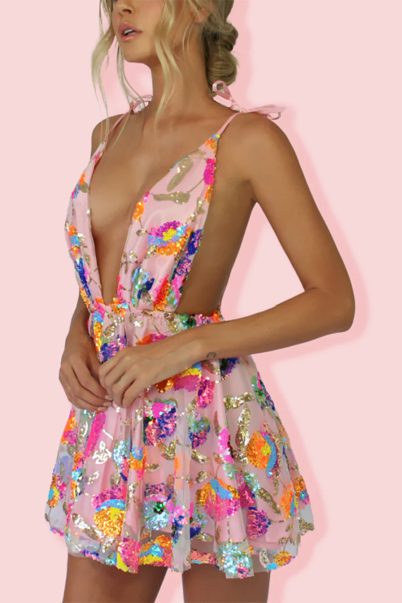 Heidi-Mode | Regenbogen Pailletten Offene Rücken Slip Mini Kleid - Image 8