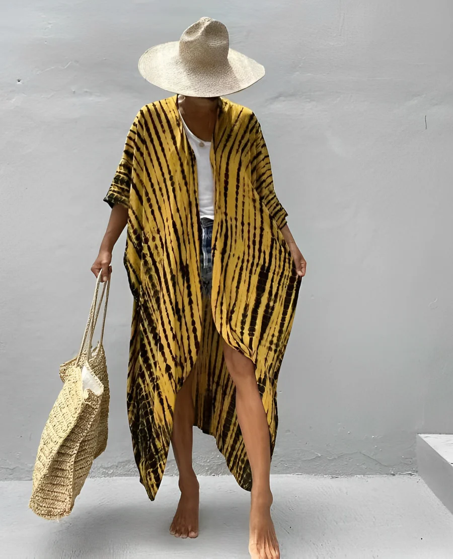 Heidi-Mode | Retro Kimono Langer, Gemusterter Strandkimono mit Gürtel für Damen - Image 13
