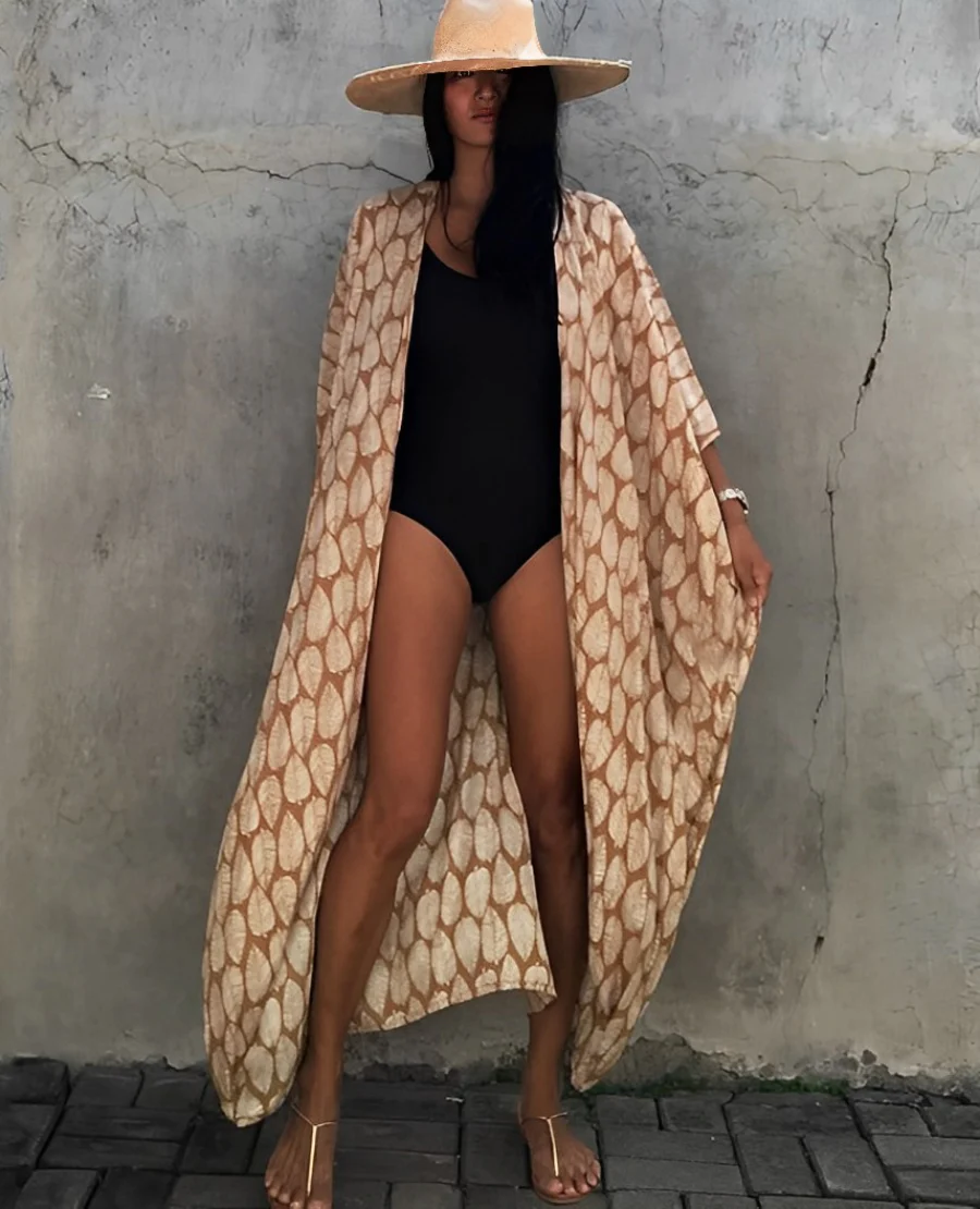 Heidi-Mode | Retro Kimono Langer, Gemusterter Strandkimono mit Gürtel für Damen - Image 2