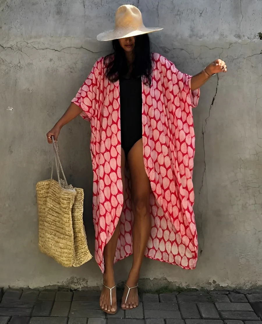 Heidi-Mode | Retro Kimono Langer, Gemusterter Strandkimono mit Gürtel für Damen - Image 4