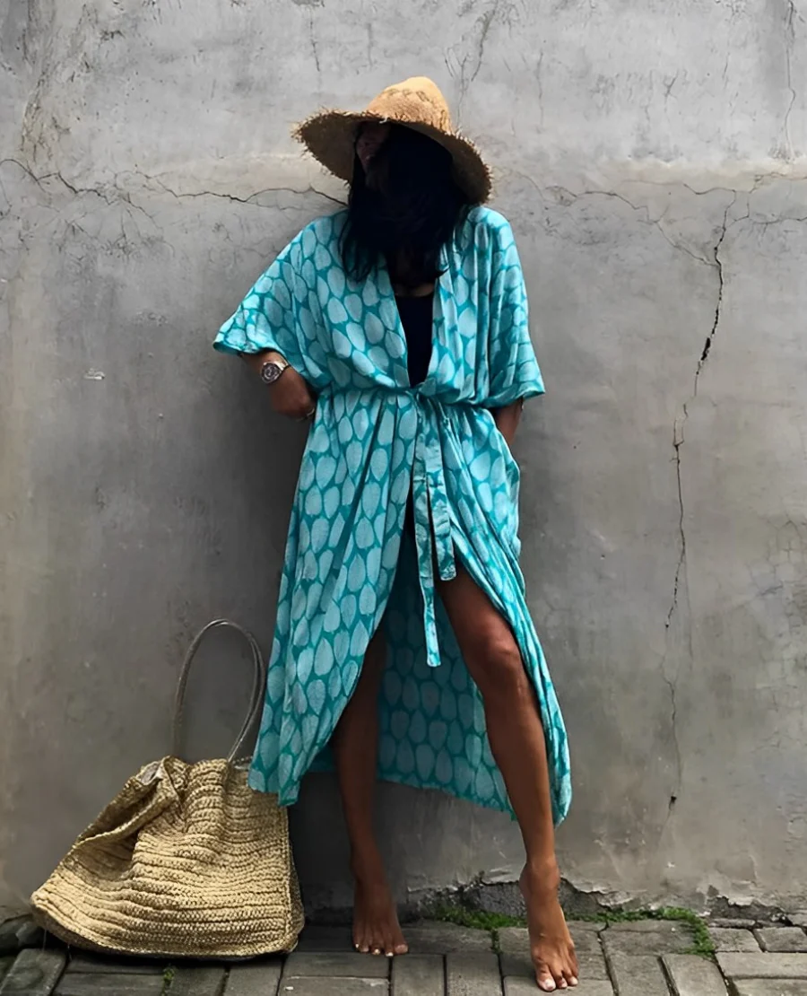 Heidi-Mode | Retro Kimono Langer, Gemusterter Strandkimono mit Gürtel für Damen - Image 5