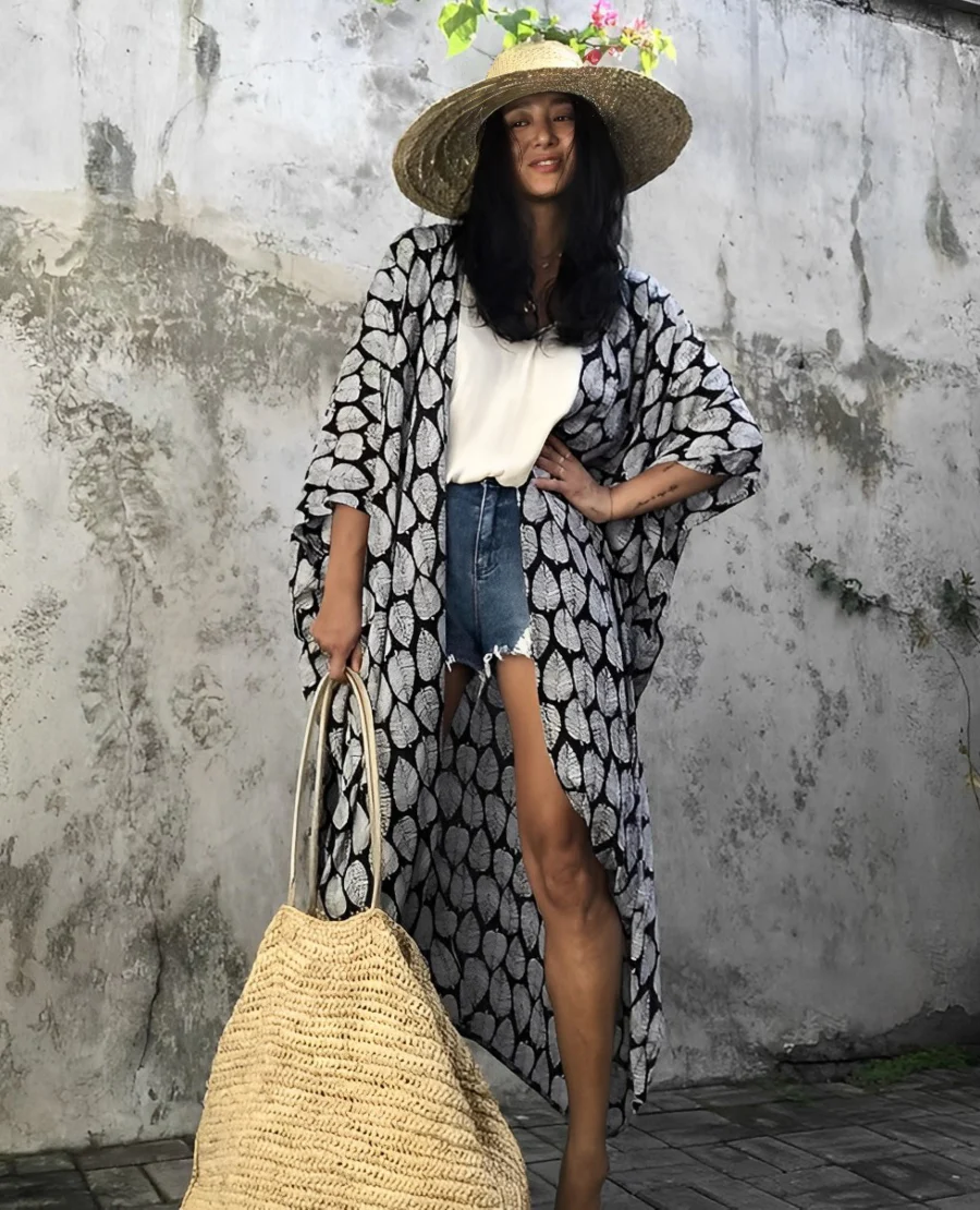 Heidi-Mode | Retro Kimono Langer, Gemusterter Strandkimono mit Gürtel für Damen - Image 8