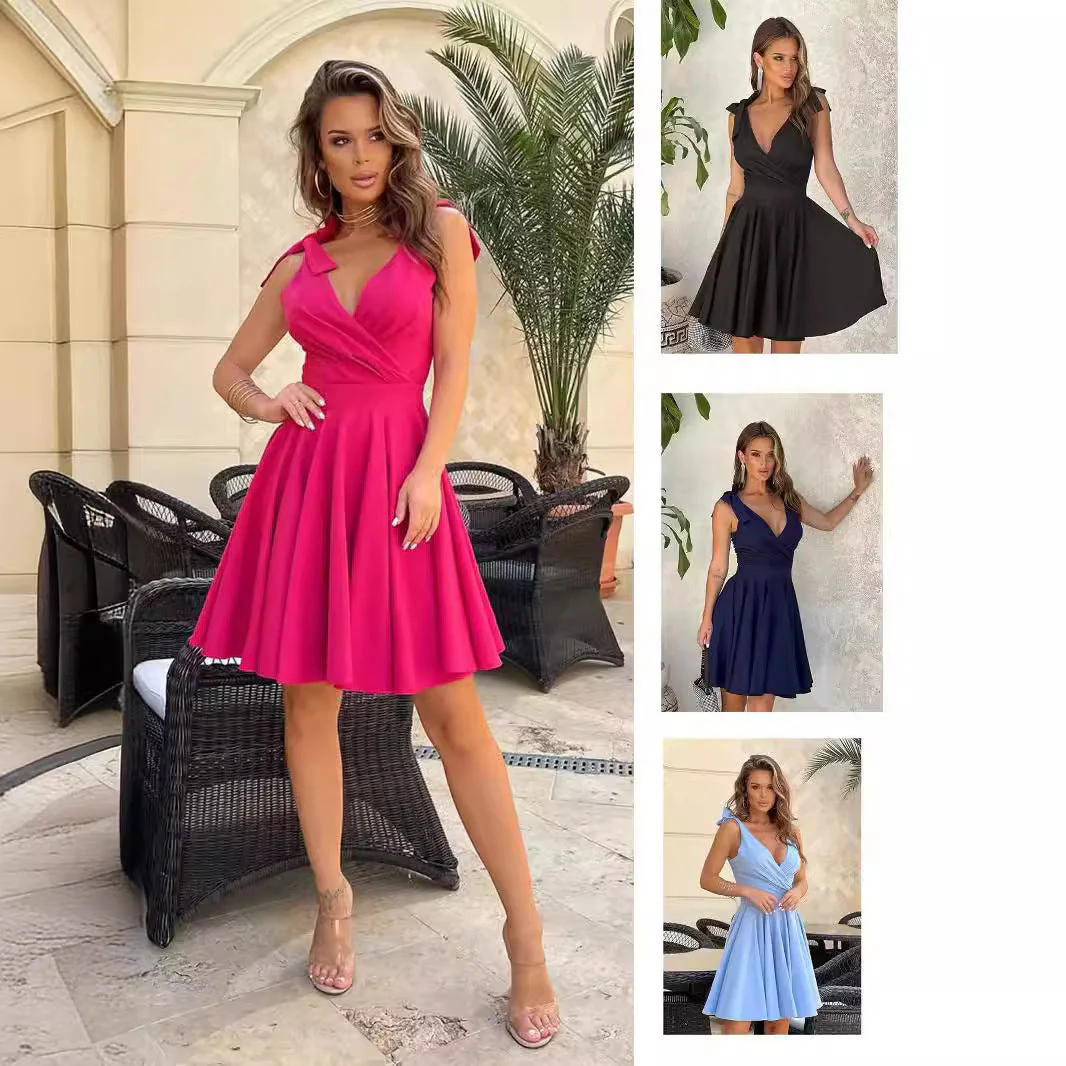 Heidi-Mode | Ärmelloses Einfarbiges Tiefes V-Ausschnitt-Minikleid