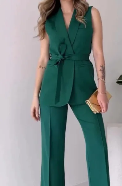 Heidi-Mode | Ärmelloser Blazer-Anzug Taillierte Passform Wickel-V-Ausschnitt Weite Hose - Image 10