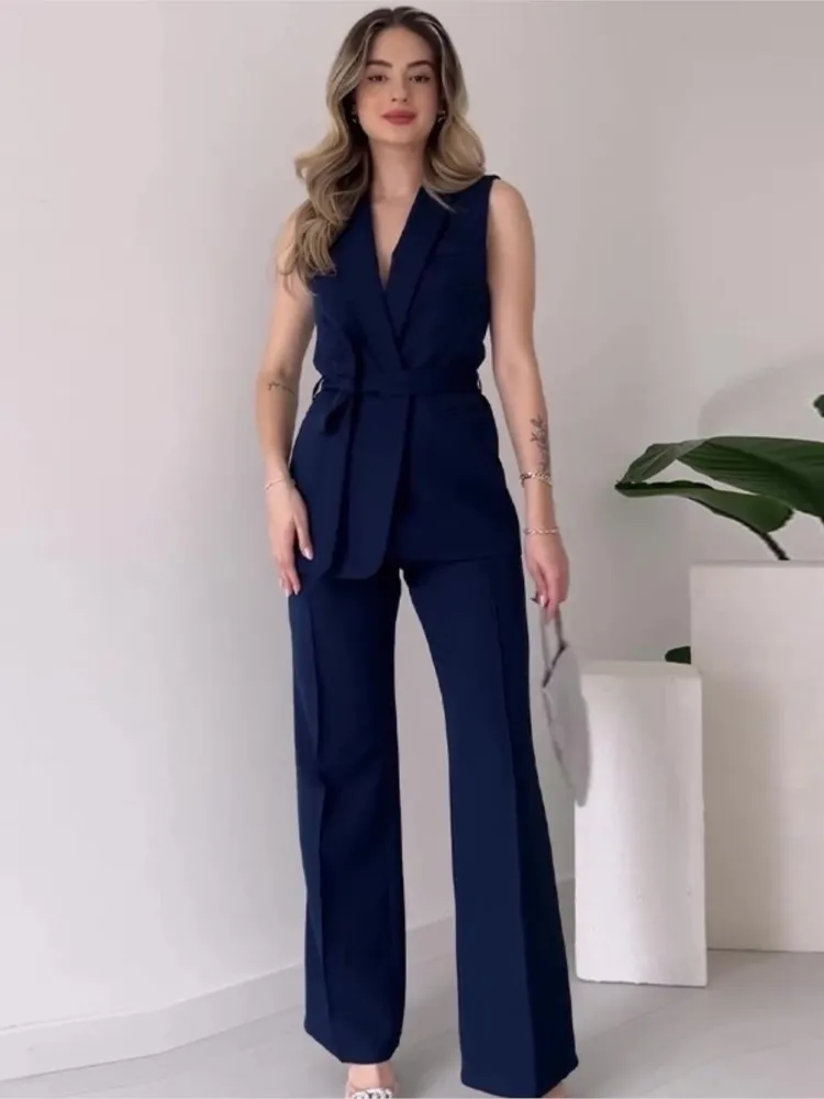Heidi-Mode | Ärmelloser Blazer-Anzug Taillierte Passform Wickel-V-Ausschnitt Weite Hose - Image 3