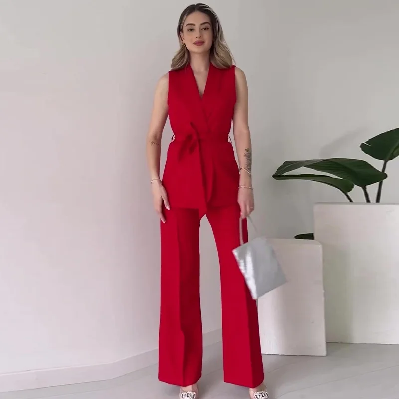 Heidi-Mode | Ärmelloser Blazer-Anzug Taillierte Passform Wickel-V-Ausschnitt Weite Hose - Image 7