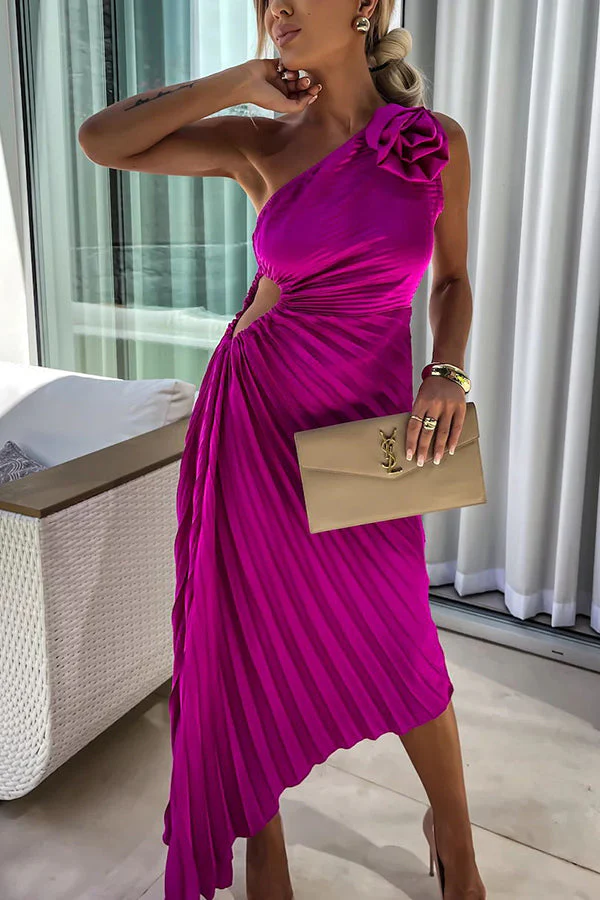 Heidi-Mode | Romantische Nächte Satin Erhabenes Blumen Elastisches Cutout Ein-Schulter Plissee Maxi Kleid - Image 5