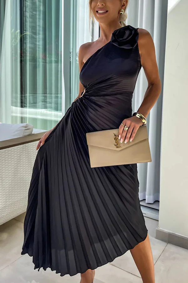 Heidi-Mode | Romantische Nächte Satin Erhabenes Blumen Elastisches Cutout Ein-Schulter Plissee Maxi Kleid - Image 6